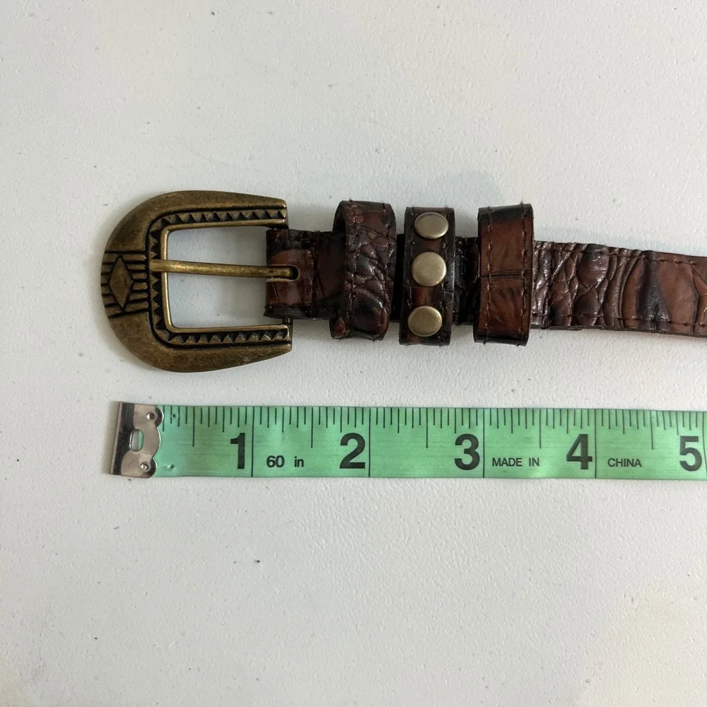 Lovestrength Brown Croc‎ Embossed Leather Western Belt Studded Brass Buckle P/S